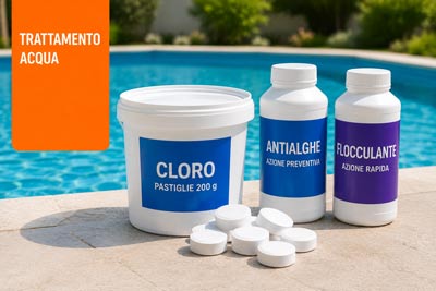 Trattamento acqua piscina: cloro, antialghe, flocculante