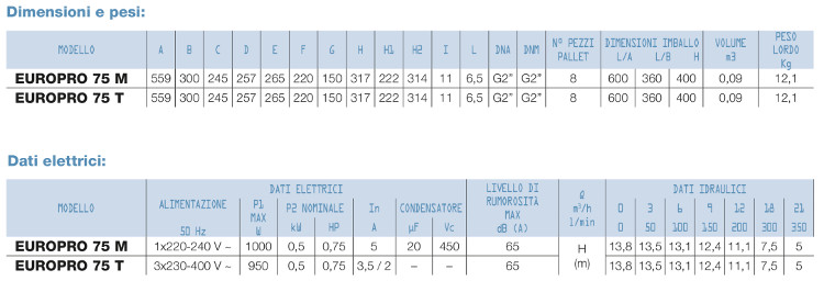 caratteristiche tecniche pompa filtrazione piscina dab europro 0,75 hp
